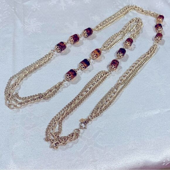 Sarah Coventry Necklace Brushed Gold Tone Chain & Faux Amber Beads Long 50” - Picture 1 of 5